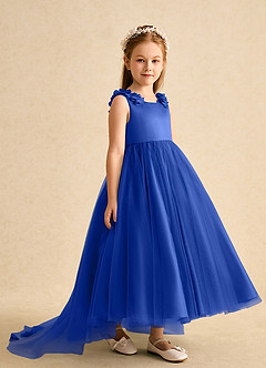 Azazie Lorita Robe Demoiselle D'honneur Fillette Robe Trapèze en Tulle Perlé Bleu Roi image4