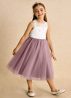 Azazie Lina Flower Girl Dresses Ivory Dusty Rose Ball-Gown Lace Dress image4