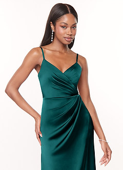 Azazie Maci Brautjungfernkleider A-Linie V-Hals Gefaltet Stretch-Satin Kleid Pfau image5