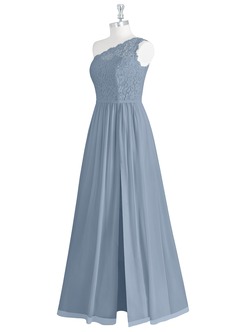 Azazie Demi Vestidos de damas de honor Vestido de Azul Polvoriento de Gasa de Corte en A con Hombro unilateral image10