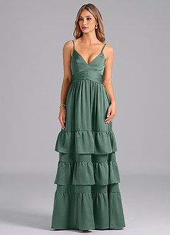 Azazie Nathalia Bridesmaid Dresses Eucalyptus A-Line Pleated Stretch Satin Dress image3