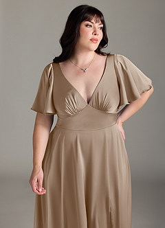 Azazie Kimber Bridesmaid Dresses Taupe A-Line Ruched Stretch Satin Dress image11