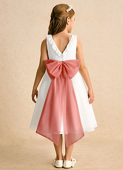 Azazie Dani Robe Demoiselle D'honneur Fillette Robe Trapèze en Mousseline de soie Arc Ivoire Rose Saumon image7