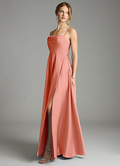 Azazie Elle Bridesmaid Dresses Coral A-Line Pleated Stretch Satin Dress image3