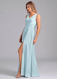 Azazie Karina Bridesmaid Dresses Cloud Blue A-Line Pleated Stretch Satin Dress image3