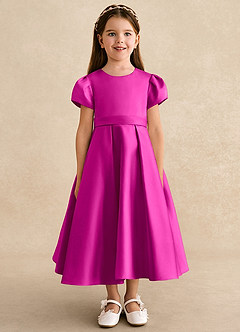 Azazie Princess Flower Girl Dresses Fuchsia A-Line Pleated Matte Satin Dress image5