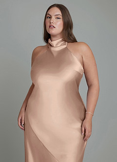 Azazie Velli Vestidos de damas de honor Vestido Gris Pardo de Satén Metálico de Corte Recto con Cuello alto image3