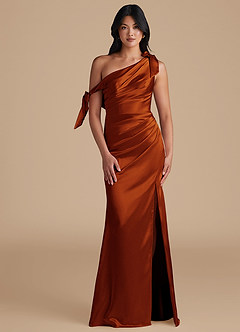 Azazie Xyla Bridesmaid Dresses Auburn Sheath Off the Shoulder Metallic Satin Convertible Dress image1