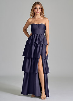 Azazie Faye Robes de demoiselle d'honneur Robe Trapèze en Satin extensible Rayé Bleu Orageux image3