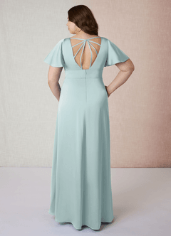 Azazie Lani Brudtärnklänningar Klänning av A-Line i Stretch Satin Volangärm Dimma image8