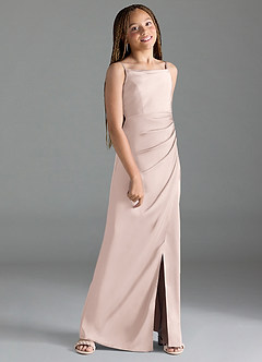 Azazie Leonis Junior Vestido Rosa Corado de Cetim elástico de Linha A com Plissado image3