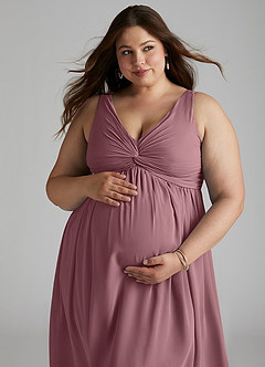 Azazie Yetta Maternity Bridesmaid Dresses A-Line V-Neck Gathered Chiffon Floor-Length Dress image8
