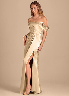 Azazie Shea Bridesmaid Dresses Gold Mermaid Off the Shoulder Metallic Satin Convertible Dress image3