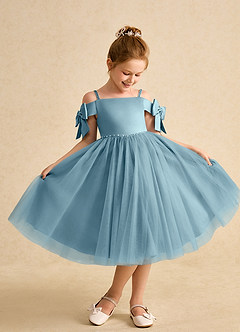 Azazie Amie Flower Girl Dresses Moody Blue A-Line Off the Shoulder Matte Satin Dress image1