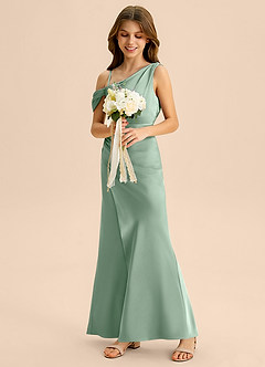 Azazie Madelyn Junior Osłona Zza ramienia Satyna elastyczna Długość podłogi Młodsza druhna Sukienka image5