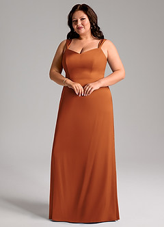 Azazie Denice Bridesmaid Dresses Cinnamon Sheath Pleated Stretch Satin Dress image6