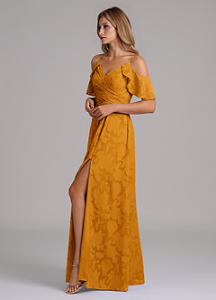 Azazie Dakota Abiti da Damigella Abito A-Line in Burnout Floreale a Spalla Scoperta Caramello image6