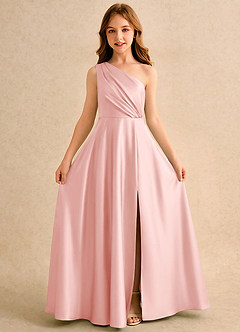 Azazie Puddles Girls Formal Flower Girl Dresses Powder Pink A-Line One Shoulder Stretch Satin Dress image5
