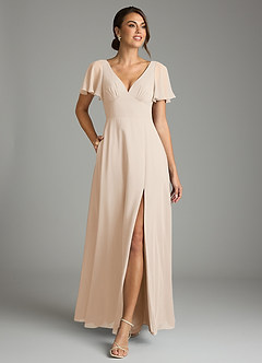 Azazie Kimber Vestidos de damas de honor Vestido de Alabastro Blanco de Gasa de Corte en A con Manga volante image3