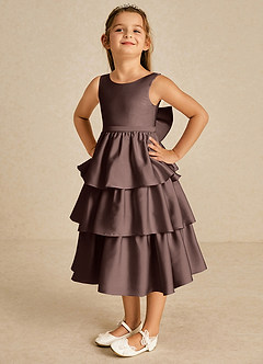 Azazie Margery Flower Girl Dresses Ganache A-Line Bow Stretch Satin Dress image3