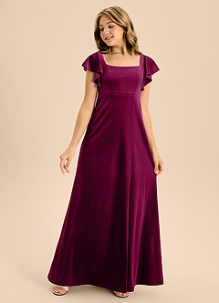 Azazie Bondi Junior Brick Red A-Line Bow Velvet Dress image3