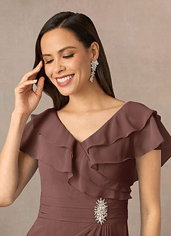 Azazie Snapdragon Kleider für die Brautmutter A-Linie V-Hals Gerüscht Chiffon Kleid Espresso image3