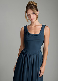 Azazie Novi Vestidos de damas de honor Vestido Azul Marino Oscuro de Gasa de Línea A con Plisado image6