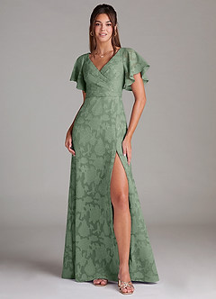 Azazie Ambrosia Vestidos de damas de honor Vestido de Matcha de Devorado Floral de Corte en A con Plisado image1