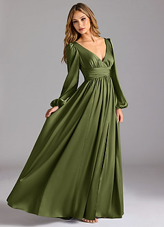 Azazie Norah Bridesmaid Dresses Olive A-Line Stretch Satin Dress image3