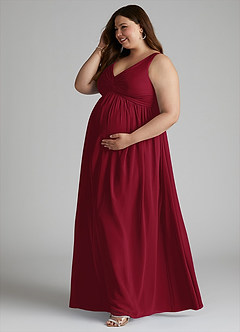Azazie Yetta Maternity Bridesmaid Dresses A-Line V-Neck Gathered Chiffon Floor-Length Dress image10