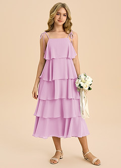 Azazie Shortcake Junior Vestido de Rosa Caramelo de Gasa de Corte en A con Lazo image4