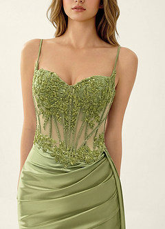 Celestianora Green Corset Stretch Satin Mermaid High Slit Prom Dress image6