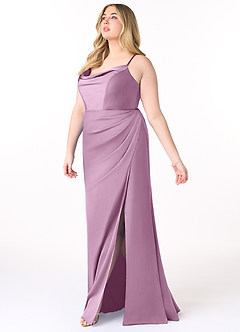 Azazie Marzia Bridesmaid Dresses Wisteria Sheath Cowl Pleated Stretch Satin Dress image9