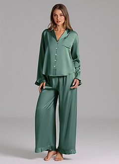 front Matching Color Ruffled Satin Long Sleeve Pajama Set