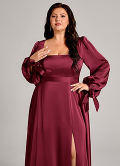 Azazie Leonia Brautjungfernkleider A-Linie Langarm Stretch-Satin Kleid Burgunderrot image2