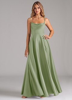 Azazie Elle Bridesmaid Dresses Dusty Sage A-Line Pleated Stretch Satin Dress image1