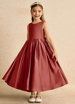 Azazie Cailee Flower Girl Dresses Terracotta Ball-Gown Pleated Matte Satin Dress image4