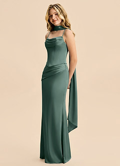 Azazie Sorrel Junior Sea Moss Mermaid Ruched Stretch Satin Dress image4