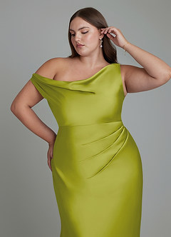 Azazie Emerson Bridesmaid Dresses Lemongrass Mermaid Off the Shoulder Stretch Satin Dress image12