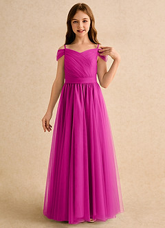Azazie Yuna Girls Formal Abiti da Ragazza di Fiori Abito A-Line in Tulle Spalle Scoperte Fucsia image6