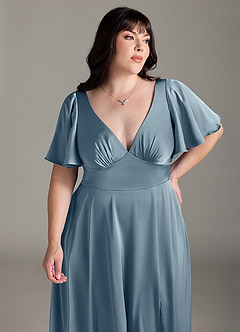 Azazie Kimber Robes de demoiselle d'honneur Robe Trapèze en Satin extensible Rayé Bleu Poussiéreux image5