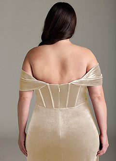 Azazie Jas Bridesmaid Dresses Champagne Sheath Off-The-Shoulder Corset Velvet Convertible Dress image16