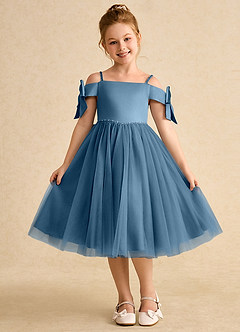 Azazie Amie Flower Girl Dresses Bermuda A-Line Off the Shoulder Matte Satin Dress image3