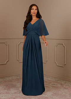 Azazie Oksana Mother of the Bride Dresses Dark Navy A-Line V-Neck Pleated Chiffon Dress image2