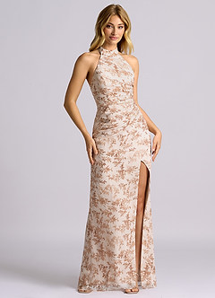 Azazie Jemma Bridesmaid Dresses Pink Fern Floral Sheath Pleated Chiffon Dress image4