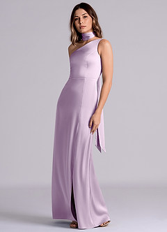 Azazie Philana Bridesmaid Dresses Frosted Lilac A-Line One Shoulder Stretch Satin Dress image6