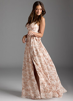 Azazie Zeya Brautjungfernkleider A-Linie V-Hals Gefaltet Chiffon Kleid Rosa Farn Blumen image2