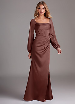 Azazie Charissa Bridesmaid Dresses Espresso Sheath Long Sleeve Stretch Satin Dress image6