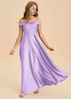 Azazie Sissy Junior Lilac A-Line Off the Shoulder Stretch Satin Dress image5