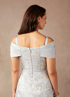 Azazie Amelia Vestidos para mãe da noiva Vestir Azul Empoeirado de Jacquard de Linha A com Fora do ombro image6